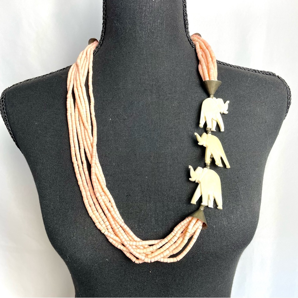 Vintage Boho Multi Strand Beaded Necklace with Bone-Carved Elephant Pendants